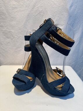 Delicacy Navy Denim Platform Wedge Sandals with Ankle Straps